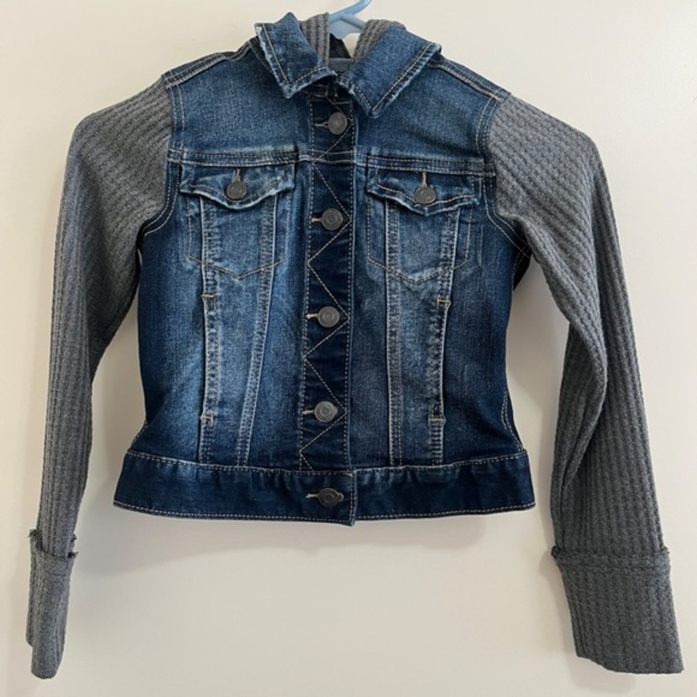 Mudd Girls‎ Hooded Denim Jacket Size 7 Y2K Layered Trucker Thermal Sleeve Casual